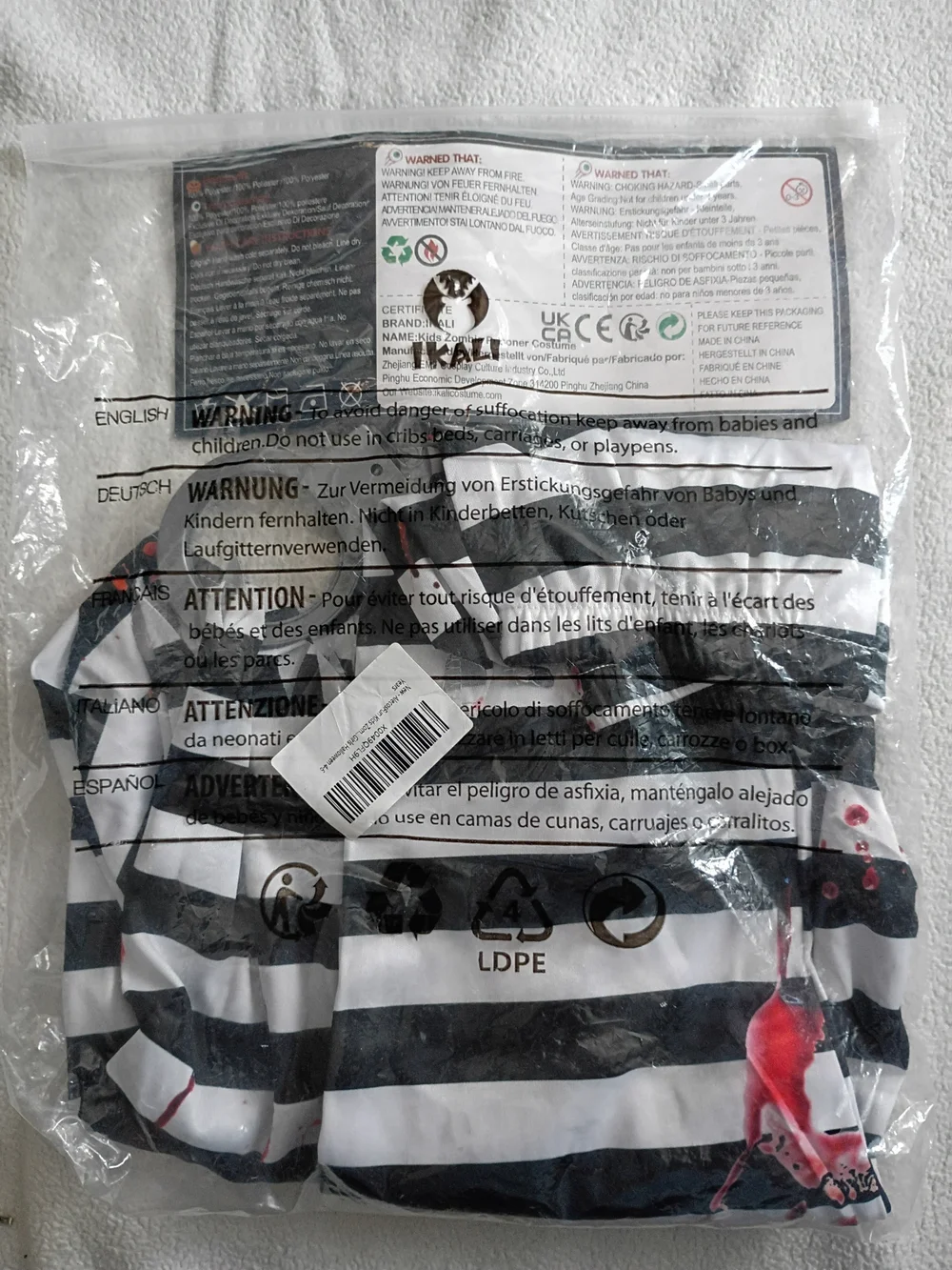 Kids Black Zombie Prisoner Costume Size 4-6